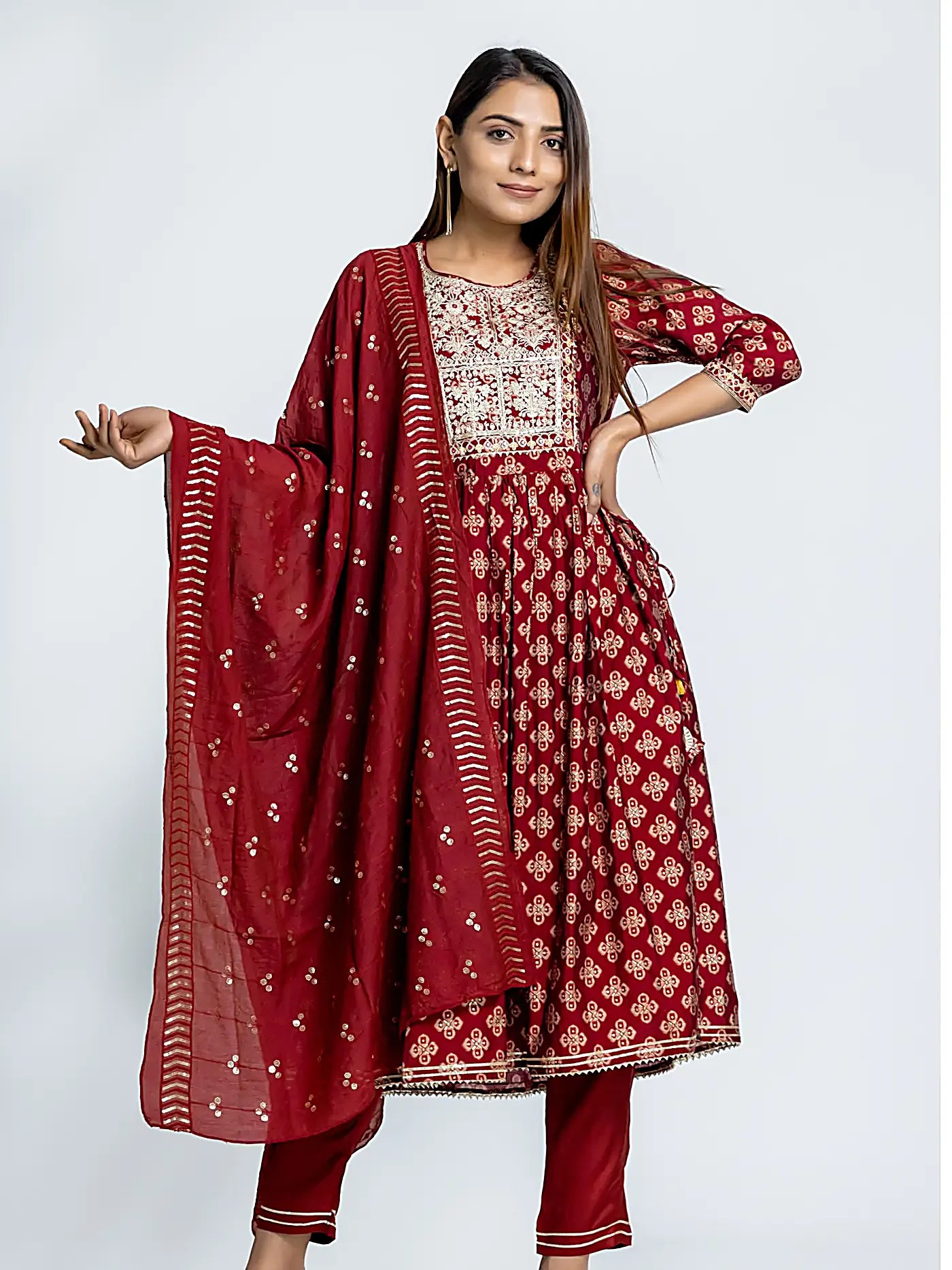 Red Bandhani Suit Set | Kurti designs party wear, Diwali dresses, Long  kurti designs
